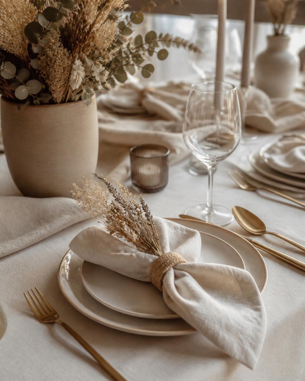 Elegant dinner table setting with linen and dried flowers